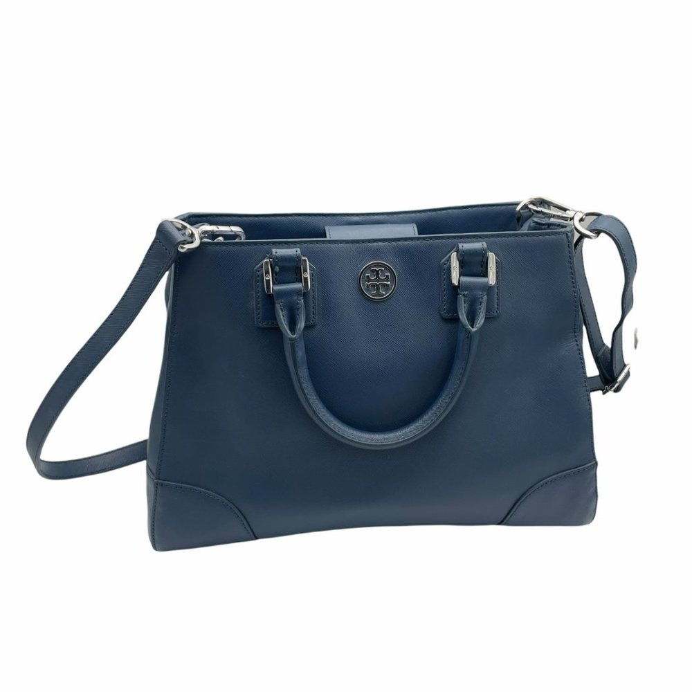 - Tory Burch Navy Robinson Triangle Tote Purse Bag Leather Shoulder Strap